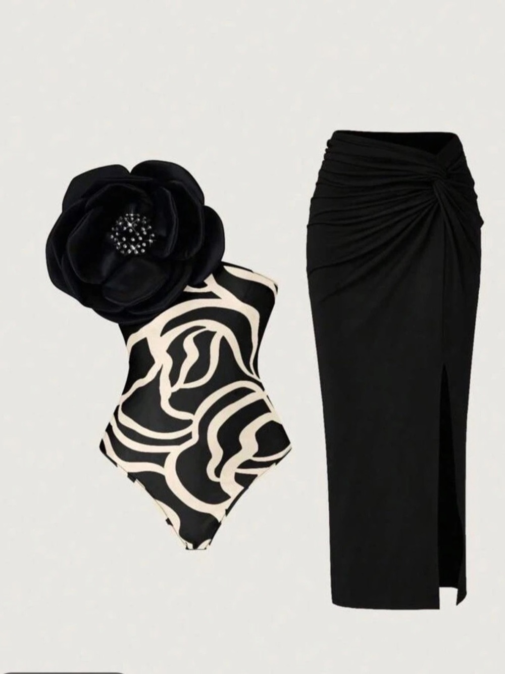 Shein Black Abstract Midi Skirt set
